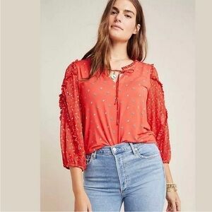 Anthropologie Maeve Jacquin Red Peasant Blouse Women’s Size M Medium